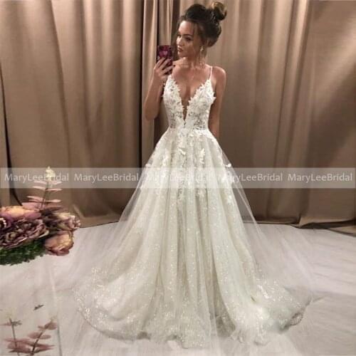 Glitter Lace Boho Wedding Dresses Applique Lace Deep V-Neck Spaghetti Strap Backless Shiny Sparkle Tulle Bridal Gowns Long Train