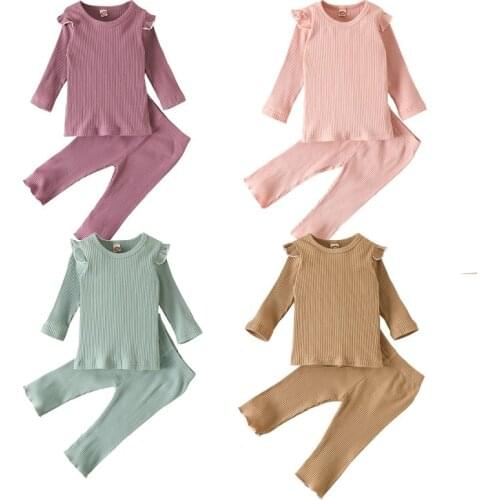 Infants Kids Baby Girls Ribbed Solid Pajama Sets Top Fall Trousers Stripes Ruffle Long Sleeves Elastic Kids Sleep Clothes
