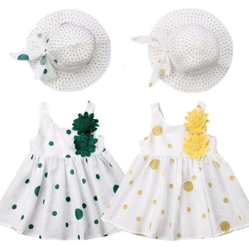 Toddler Kids Baby Girls Dot Flower Dress Princess Party Pageant Tutu Dresses+Hat Kids Dresses For Girls Sleeveless O-neck Cotton
