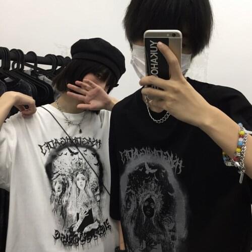 Aesthetic Harajuku Women T-Shirt Kawaii Dark Pattern Print Hip Hop Black Summer Korean Streetwear Women T-Shirts Casual Y2K Tops