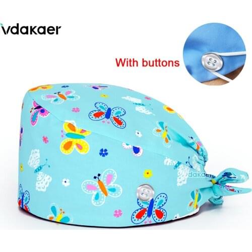 Cartoon Animal printing cotton Elastic adjustable Scrub hat beauty salon nursing cap laboratory pet shop with Button Scrub Cap