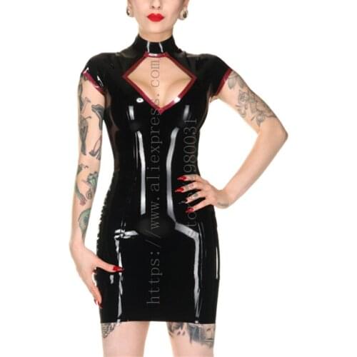 Made of 0.4mm natural black women slim sexy latex dress with high neck & short sleeve design decoratived with red trims