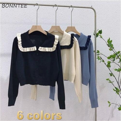 Cardigan Women All-match Casual Cropped Long Sleeve Sweaters College Korean Style Kawaii Lovely Patchwork Knitting Classy Tender