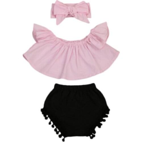 Newborn Baby Girl Clothes Set Off Shoulder Top T-Shirt+Shorts +Headband 3PCS Outfit Size 0-24M