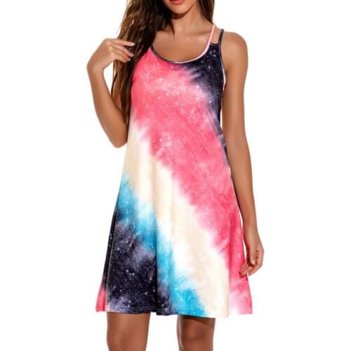 Summer Linen Womens Dress Round Collar Sleeveless Pullover Shoulder Belt Loose Rainbow Print Fashion Streetwear Dress