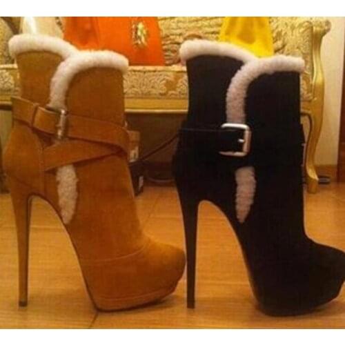 Moraima Snc Sexy Platform Ankle Boots Woman Winter Inside Fur Warm Boots Super High Big Size Runawy Short Boots Black Brown