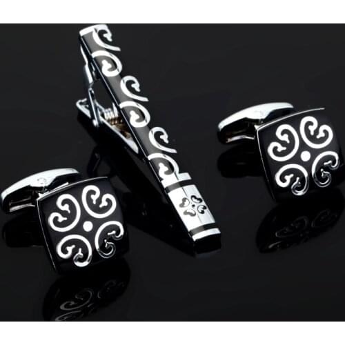 Newest square stripe flower high quality black tie clip and Cufflinks high-end apparel accessories French men Cufflinks Jewelry