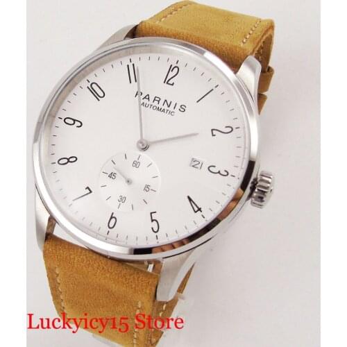 PARNIS Simple 42mm Mechanical Mens Watch ST1731 Automatic Movement Camel Strap Auto Date Window