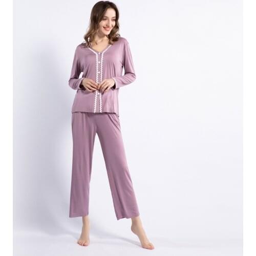 Autumn Modal Pajama Set Women Long Sleeve Button Shirt Trouser Sleep Suit Nightwear Casual Sleepwear Home Clothing Pajamy Sets