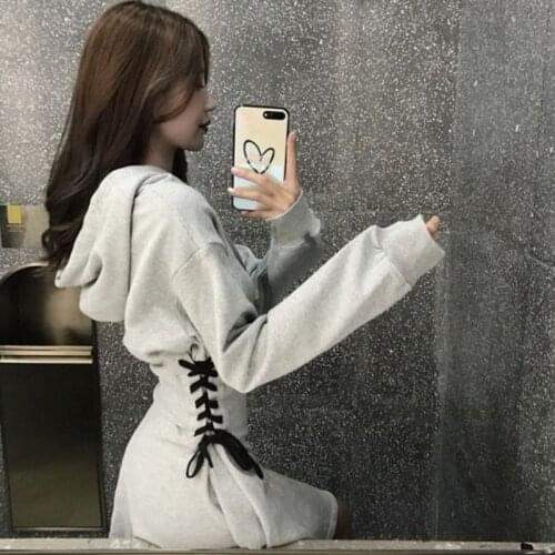 WOMENGAGA Korean Loose Solid Slim Side Bandage Long Sleeve Hooded Dress Autumn Clothing For Womens ZB4T