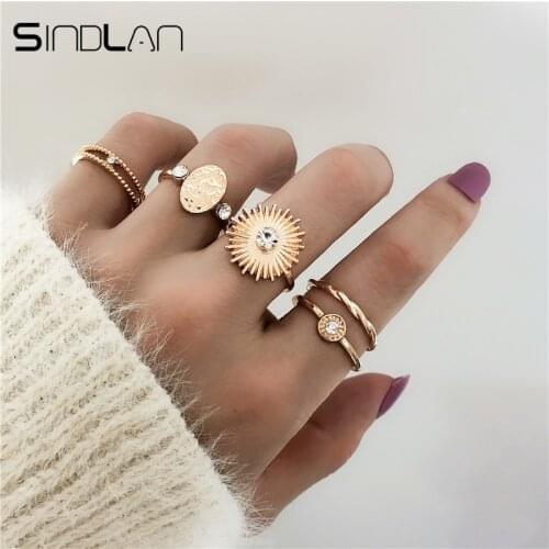 Sindlan 5PCs Gothic Gold Sun Stamp Rings for Women Boho Crystal Charm Joint Finger Set Simple Statement Fashion Jewelry Anillos