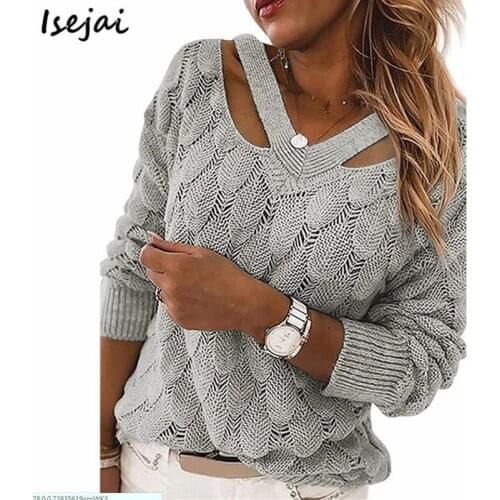 Off-shoulder V-neck Sweater Women Autumn Winter Casual Tops Hollow Out Pullover Jumper 2021