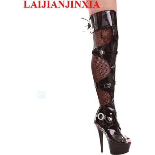 LAIJIANJINXIA 15cm High-Heeled Shoes Cutout Over-The-Knee Womens Boots Back Strap Open Toe Dance Shoes 6 Inch Heels High Boot
