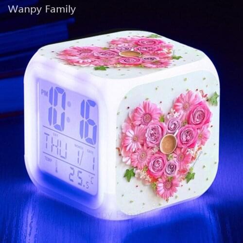 Heart-shaped loving heart Rose Alarm Clocks 7 Color Glowing LED Electronic digital alarm clock for Kids room multifunction clock