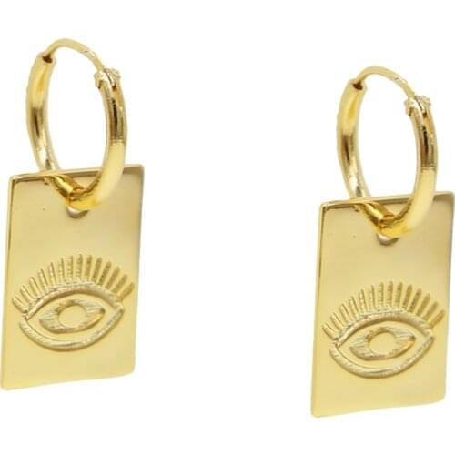 Vintage women jewelry Gold filled engrave evil eye signet Square tag drop charm hoop earring