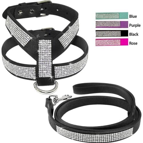 Suede Rhinestone Dog Harness and Leash Set Soft Diamante Pet Harness and Lead Step In For Small Medium Dogs Chihuahua Yorkshire