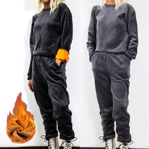 Women Clothing Set Tracksuits Winter Fleece 2 Pieces Set Casual Woman Sportswear Suits Top+pants M~3XLelastic Waist Woman Suits