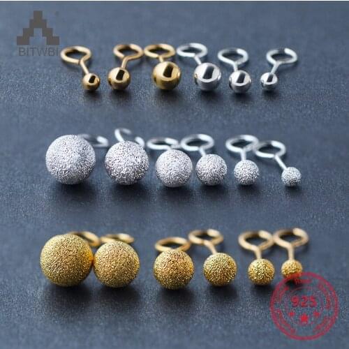 925 Sterling Silver Women Stud Earrings Frosted Gold Plated Round Bead Ball Ear Buckle Curved Hook Earring Accessories Jewelry