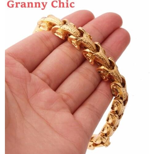 Granny Chic 8.66"*11mm Mens Womens Bracelet Gold Color 316L Stainless Steel Wristband Link Chain Boys Fashion Wholesale Jewelry