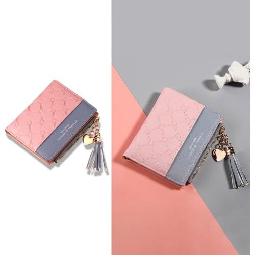 Women Color Matching Wallet Fashion Tassels Purse Small Soft Credit Card Holder Simple Bifold Coin Pouch Zipper Storage Clutch