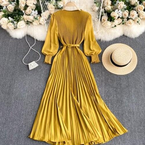2021 Elegant Long Women Maxi Chiffon Dress Spring Autumn With belt Yellow Pleated Dress High Waist Slim A Line Party Dresses