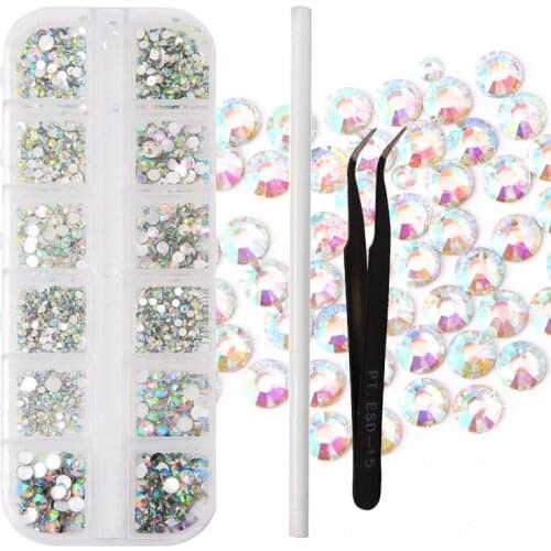 1 Set Nail Art AB Crystal Rhinestones Glitter Decoration + Wax Dotting Pen Picking Gems Tools +Curved Tweezers Manicure