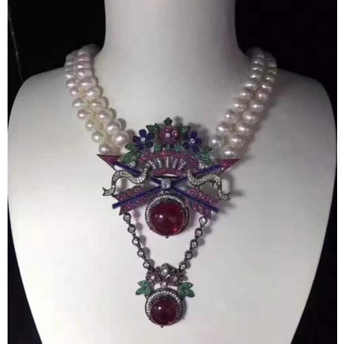 2ROWS freshwater pearl RED FLOWER pendant necklace white near round 8-9MM wholesale nature beads FPPJ