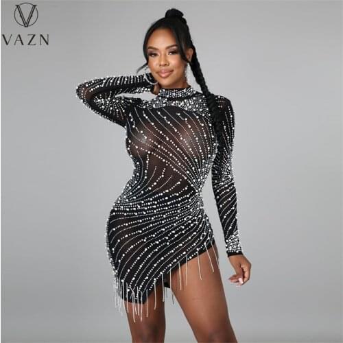 VAZN 2021 Glitter Irregular Modern Full Sleeve Formal Elegant Dresses Sexy Club Birthday Dress Women Elegant Fashion Mini Dress