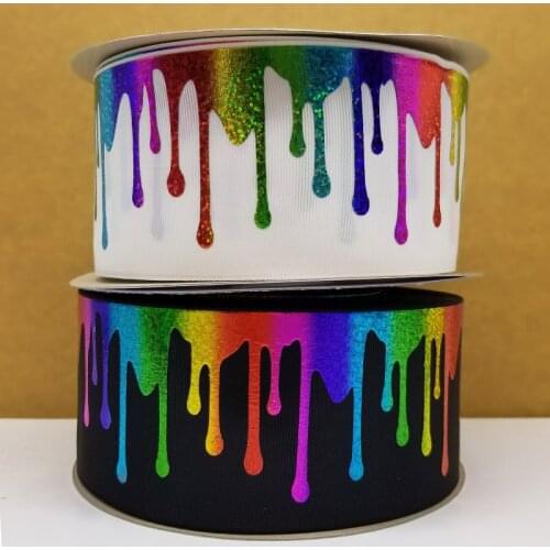 Free shipping 50 yard 3 inch rainbow color hologram ribbon foil printed grosgrain ribbon