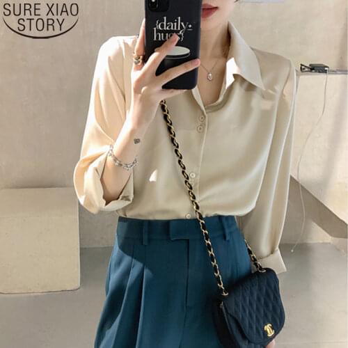 French Style Fashion Vintage Blouse Silky Satin Shirts Long Sleeve Shirt Women Solid 4 Colors Turn-down Collar Ladies Tops 11045