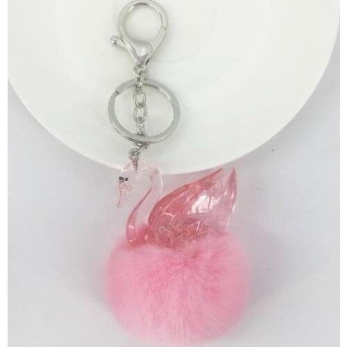 Party Favor Keyring Pompom Keychain Charm Ball Acrylic Swan Real Rabbit Fur 6cm Ball Genuine Soft Fluffy Purse Pendant XMAS Gift