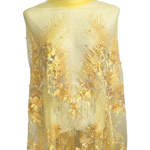 HOT 3D beads Yellow mesh Embroidery lace fabric trim ribbon DIY sewing applique collar cloth wedding dress craft Accessory