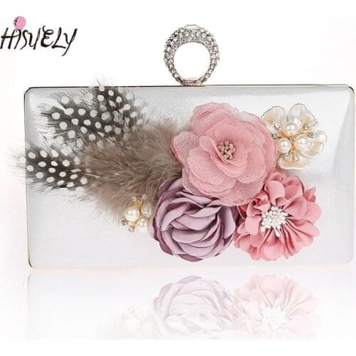 HISUELY 7 COLORS Women/GIRLS New Evening party bag with Chains Clutch Purse Beaded Appliques Dinner Handbags with feather WY116