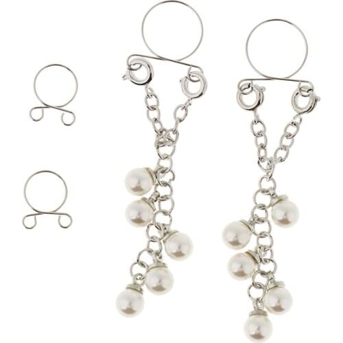 2 Pairs Tassel Faux Pearls Non Pierced Clip On Nipple Rings Adjustable Fake Piercing