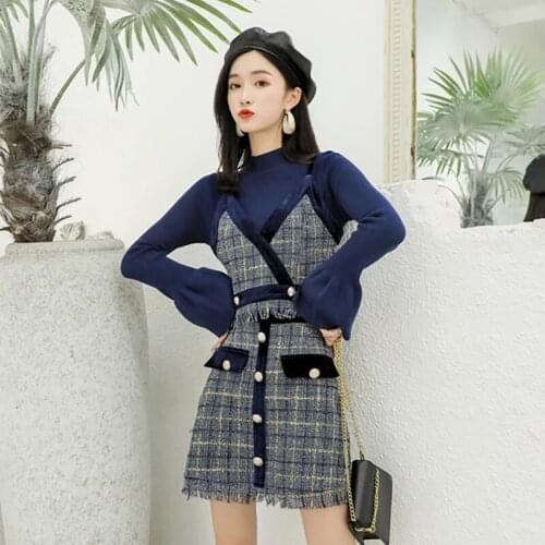 Plaid Tweed 3 Piece Set 2021 Spring New Flare Sleeve Sweater Tops+V-Neck Tank + Buttons Skirt Sexy Club Tassels Outfits Autumn