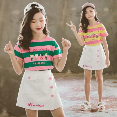 Summer Girls Clothes New Striped Children Clothing Sets Short Sleeve T Shirt +Skirt Kids Suit for Baby Girls 5 6 8 10 12 Years