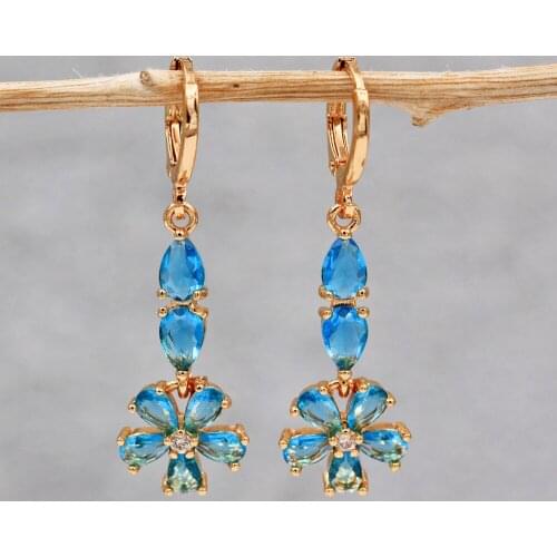 Trendy Gold Dangle Water Drop Flower Earrings Blue Cubic Zirconia Stone For Women Girls Fashion Jewelry Accessories Wedding Gift