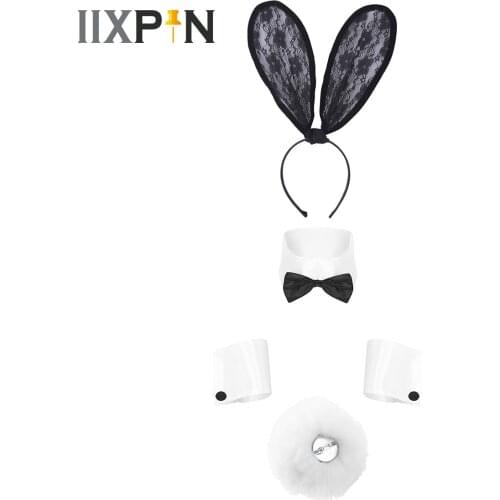 Sexy Bunny Cosplay Accessories Set Ears Headband Rabbit Collar Bow Ties Cuffs Bunny Tail Ball for Halloween Xmas Party Costume