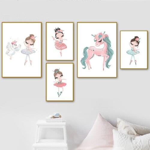 Ballet Princess Nursery Nordic Poster Unicorn Wall Art Canvas Painting Swan Wall Pictures For Children Room Kid Cuadros Unframed
