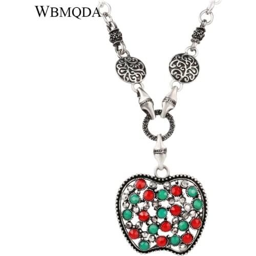 Vintage Jewelry Apple Pendant Necklace For Women Bohemian Style Colorful Resin Crystal Silver Color Choker Necklace