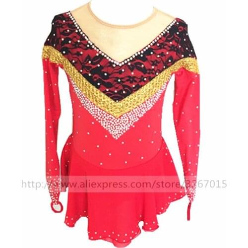 Figure Skating Dress Womens Girls' Ice Skating Dress Red high elastic fabric Black lace decoration Artificial fine drill