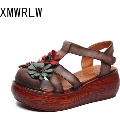 XMWRLW Genuine Leather Sandals For Women Summer Shoes 2021 Retro Handmade Ladies Wedges Shoes Women High Heels Summer Sandals