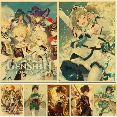 Vintage Genshin Impact Posters HD Poster Kraft Paper Anime Game Poster Sticker Home Decor Study Bedroom Bar Cafe Wall Paintings