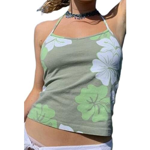 Women Y2K Halter Neck Boho Printed Crop Camisole Top Vintage Flower Printing Lace Up Tops 90s Harajuku Fashion Corset Vest 2021