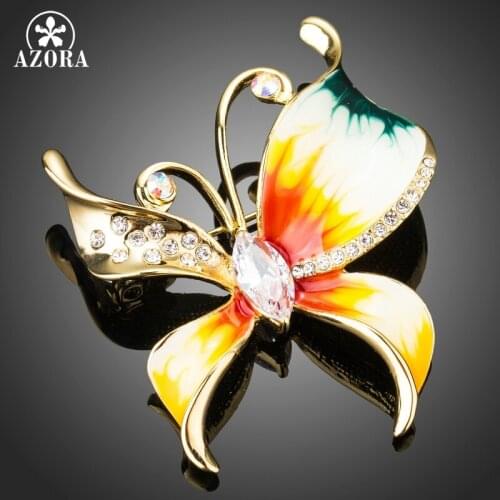AZORA Oil Painting Pattern Butterfly Lapel Pins for Women Fashion Insect Brooch Pins Clear Zirconia Dress Wedding Jewelry TP0073