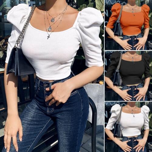 Women Fashion Summer Casual Croped Top T-shirt Ladies Casual Square Neck Puff Half Sleeve Bottom T-shirt