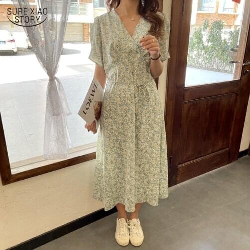 Women Summer New Short Sleeve Elegant Dress Korean Print Floral Chiffon Dress Lace Up V Neck Dresses Plus Size 4XL Vestido 15230