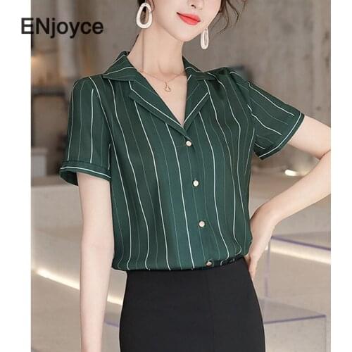 Summer Professional Short Sleeve Striped Green Chiffon Shirt Women New V Neck Temperament Blousese Office Ladies Formal Work Top