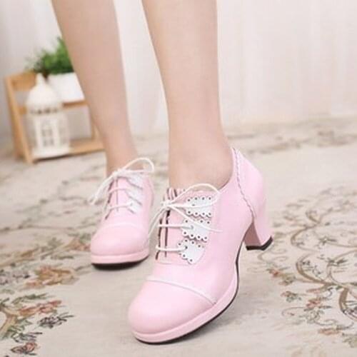 Japanese Vintage Sweet Lolita Lace Up Cos Round Head Lace High-heeled Sweet Girl Retro Shoes Princess Kawaii Girl Women Shoes