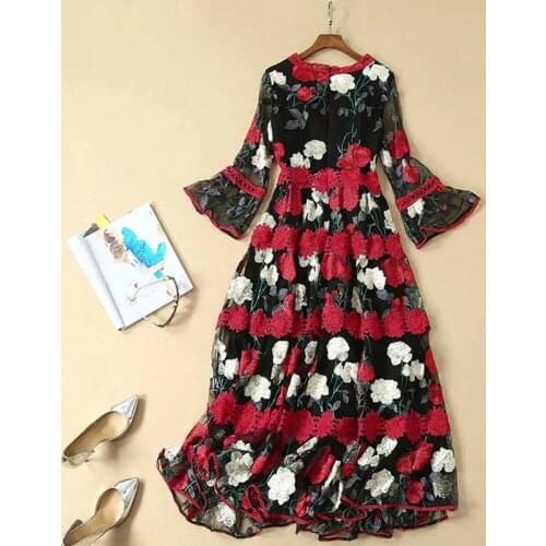 2021 Long Dress Spring Summer Dress V Neck 3/4 Sleeve Embroidery Black Red Mesh Fashion Womens Clothes